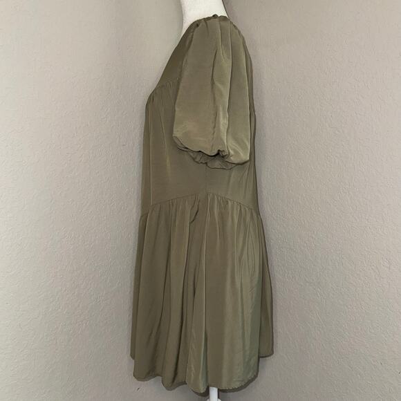 KIRUNDO One Shoulder Mini Baby Doll Khaki Green Dress Boho Women's Size Small - Picture 3 of 9